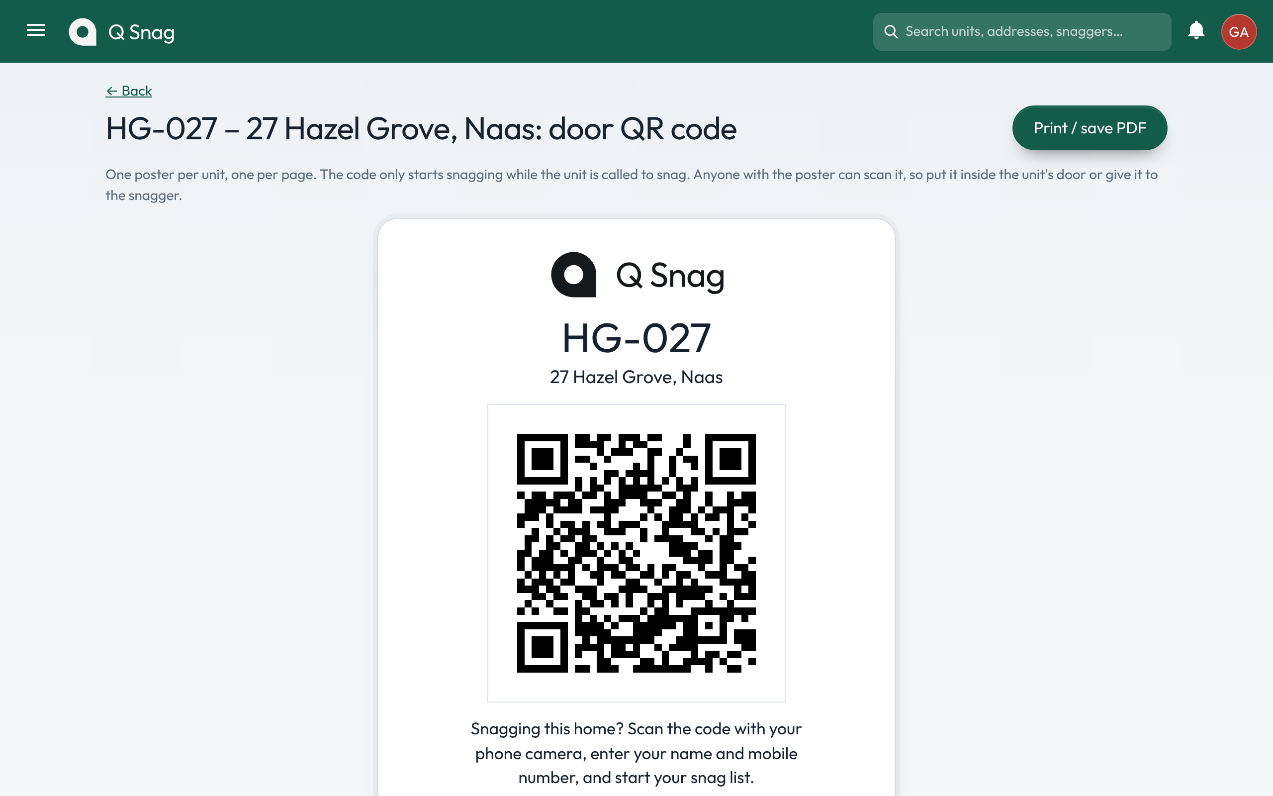 A door QR poster for unit HG-027